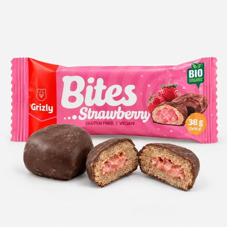 BITES Jahodové plněné mini tyčinky v hořké čokoládě BIO (2x19 g)