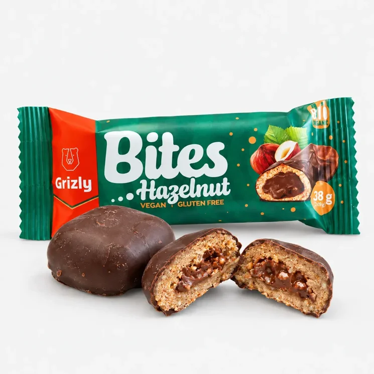 BITES Lískooříškové plněné mini tyčinky v hořké čokoládě BIO (2x19 g)